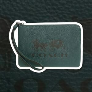 (NWT) COACH® Horsecarriage Emblem Corner Zip Leather Wristlet - Forest